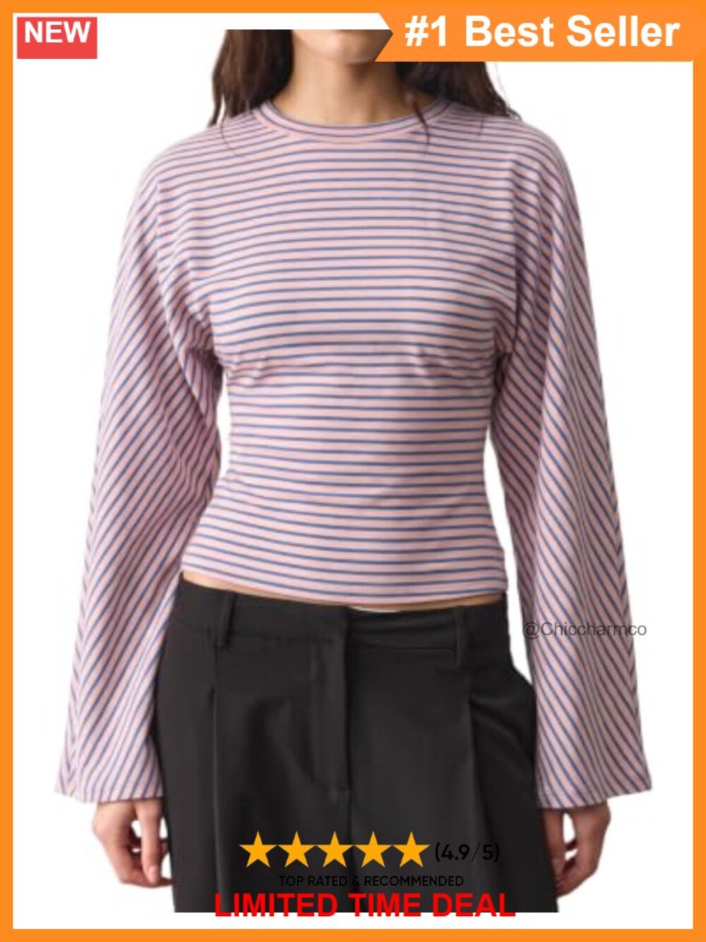 Women's Long Sleeve Crew Neck Striped Top Cinched Waist Stretch Tee
